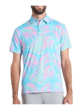 Birdie Bound Men Blue Tropical Leaf Print Golf Polo Shirt Size XL Casual